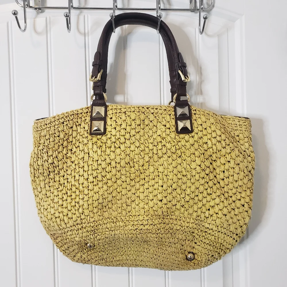 Michael Michael Kors Vintage Large Woven Straw Leather Handbag Satchel Tote - Picture 11 of 15